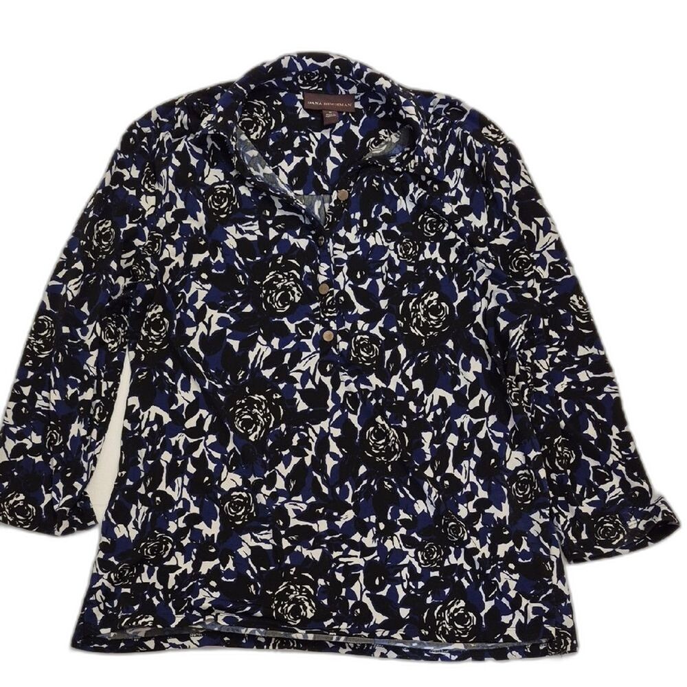 Dana Buchman Blue Black Patterned Blouse M Office Siren Career Knit Top